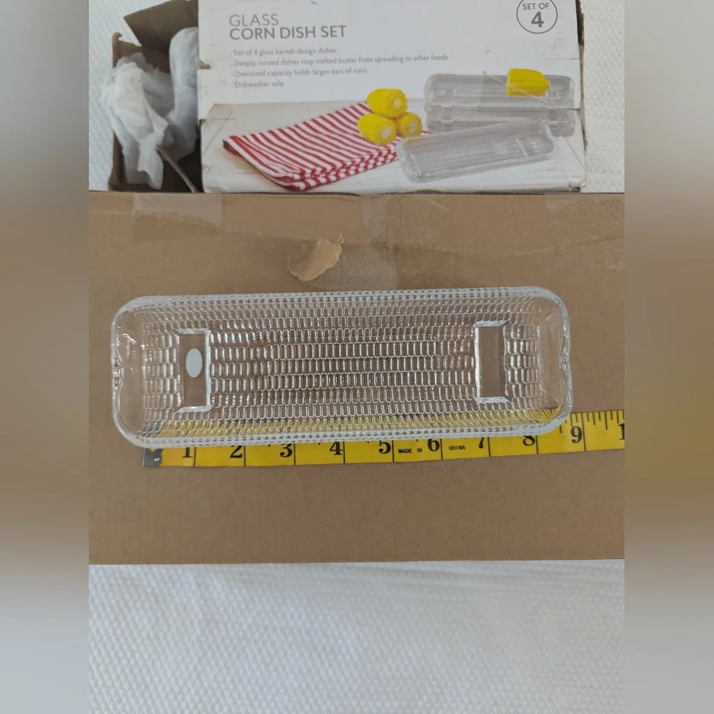 New 4 Vintage Clear Glass CORN ON THE COB Individual Serving Dish HOLDERS .